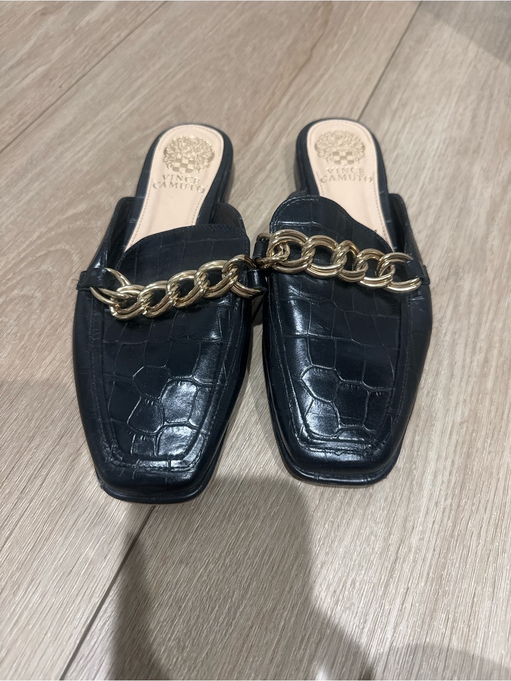 Vince Camuto Black Croc-Embossed Slip-On Mule with Gold Chain